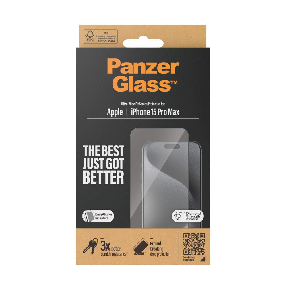 iPhone 15 Pro Max PanzerGlass Ultra Wide Fit Skærmbeskyttelse m. EasyAligner - Diamond Strength - Gennemsigtig / Sort Kant