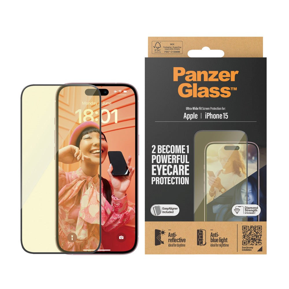 iPhone 15 / 16 PanzerGlass Ultra Wide Fit Skærmbeskyttelse m. EasyAligner - Anti-Reflective - Anti-Blue Light - Diamond Strength - Gennemsigtig / Sort Kant