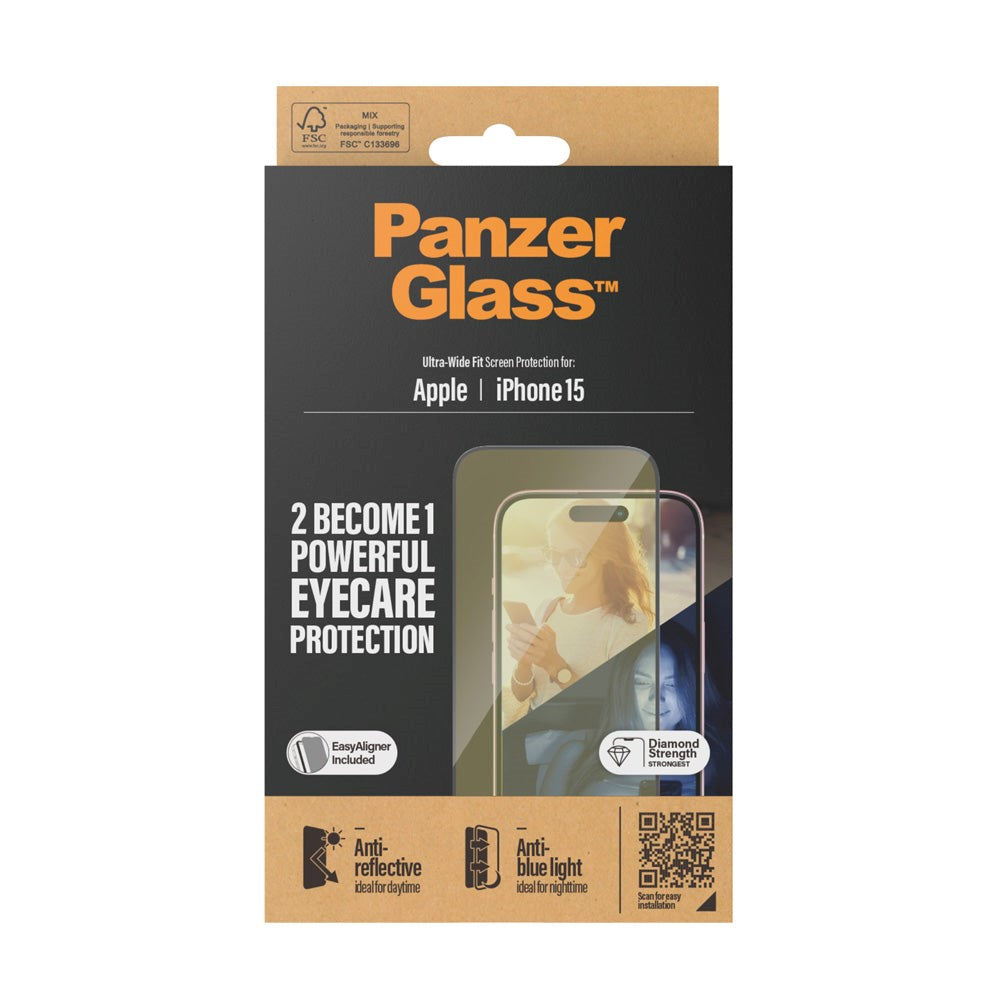 iPhone 15 / 16 PanzerGlass Ultra Wide Fit Skærmbeskyttelse m. EasyAligner - Anti-Reflective - Anti-Blue Light - Diamond Strength - Gennemsigtig / Sort Kant