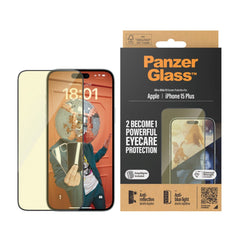 iPhone 15 Plus / 16 Plus PanzerGlass Ultra Wide Fit Skærmbeskyttelse m. EasyAligner - Anti-Reflective - Anti-Blue Light - Diamond Strength - Gennemsigtig / Sort Kant