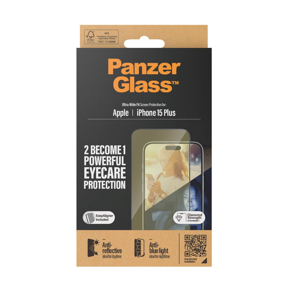 iPhone 15 Plus / 16 Plus PanzerGlass Ultra Wide Fit Skærmbeskyttelse m. EasyAligner - Anti-Reflective - Anti-Blue Light - Diamond Strength - Gennemsigtig / Sort Kant