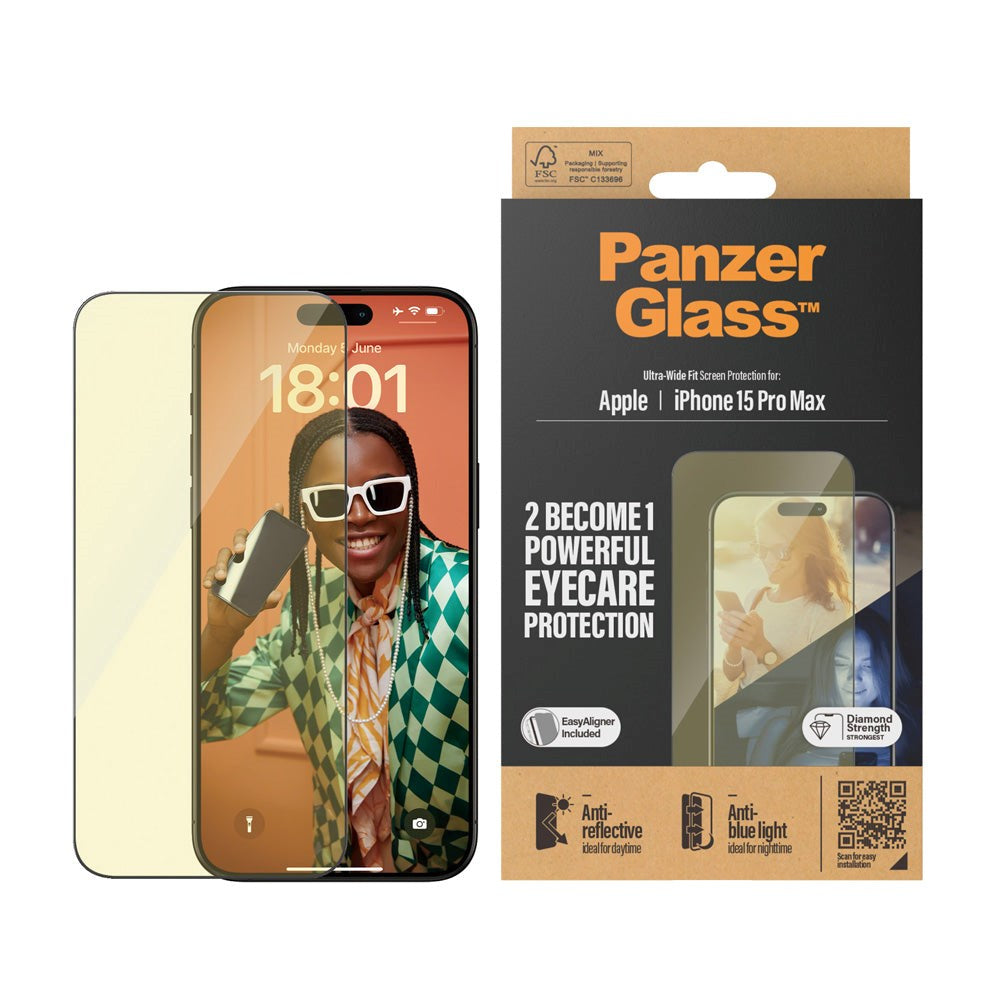 iPhone 15 Pro Max PanzerGlass Ultra Wide Fit Skærmbeskyttelse m. EasyAligner - Anti-Reflective - Anti-Blue Light - Diamond Strength - Gennemsigtig / Sort Kant