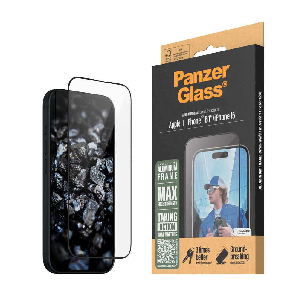 iPhone 16 PanzerGlass Ultra Wide Fit Skærmbeskyttelse m. EasyAligner - Aluminum Frame - Diamond Strength - Gennemsigtig / Sort Kant