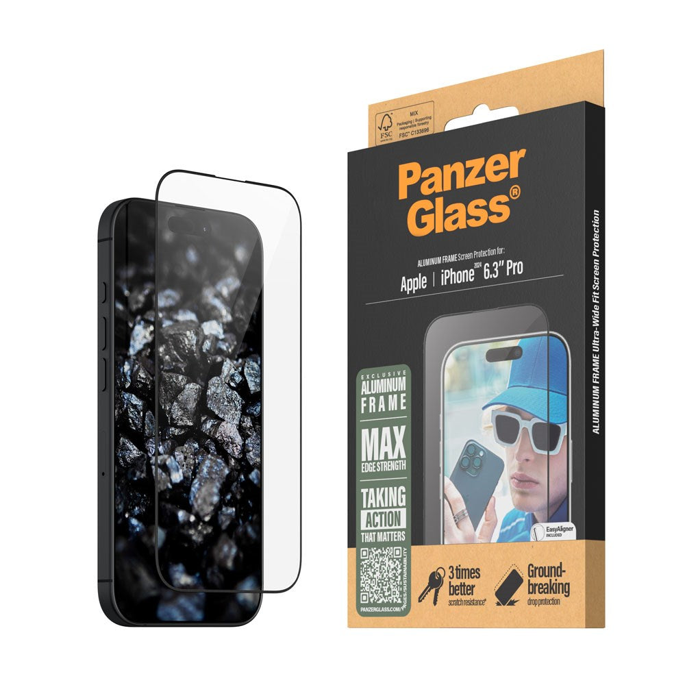 iPhone 16 Pro PanzerGlass Ultra Wide Fit Skærmbeskyttelse m. EasyAligner - Aluminum Frame - Diamond Strength - Gennemsigtig / Sort Kant