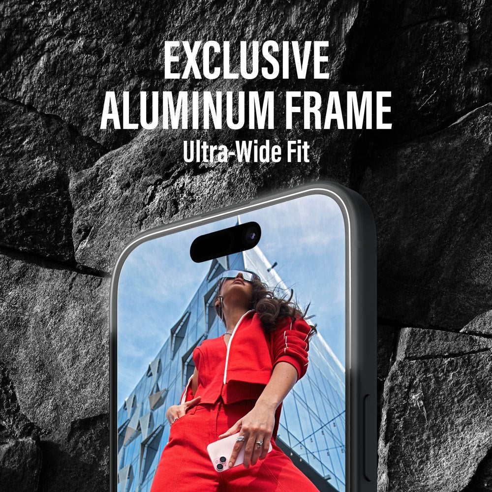iPhone 16 Pro PanzerGlass Ultra Wide Fit Skærmbeskyttelse m. EasyAligner - Aluminum Frame - Diamond Strength - Gennemsigtig / Sort Kant