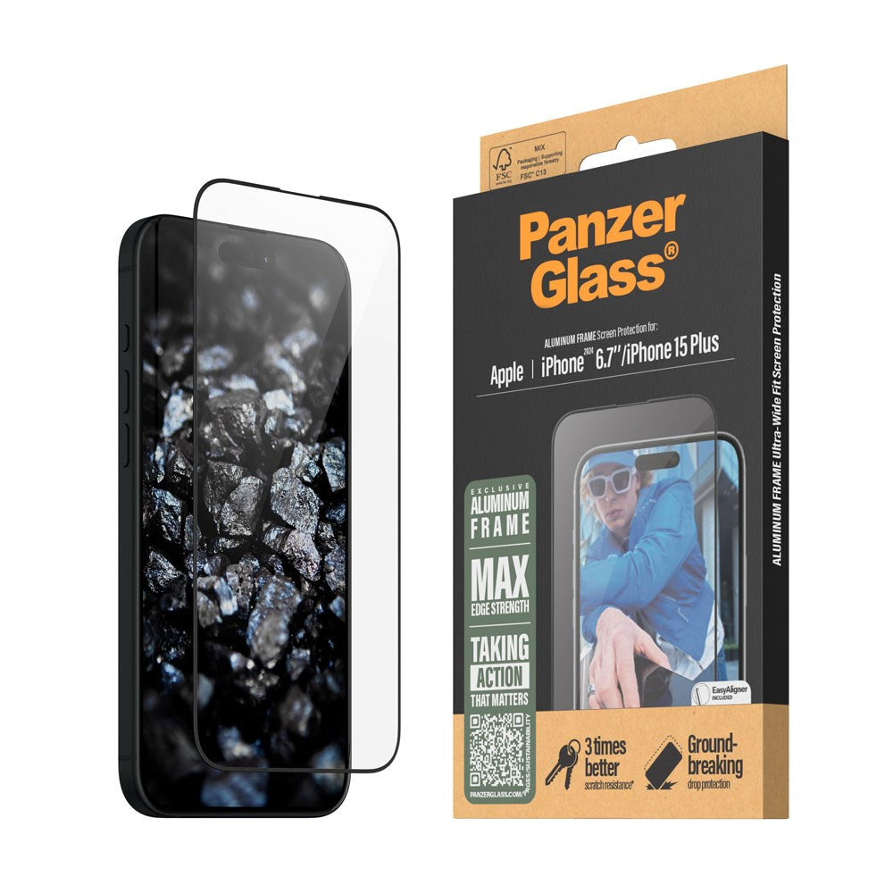 iPhone 16 Plus PanzerGlass Ultra Wide Fit Skærmbeskyttelse m. EasyAligner - Aluminum Frame - Diamond Strength - Gennemsigtig / Sort Kant