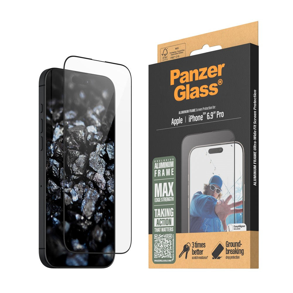 iPhone 16 Pro Max PanzerGlass Ultra Wide Fit Skærmbeskyttelse m. EasyAligner - Aluminum Frame - Diamond Strength - Gennemsigtig / Sort Kant