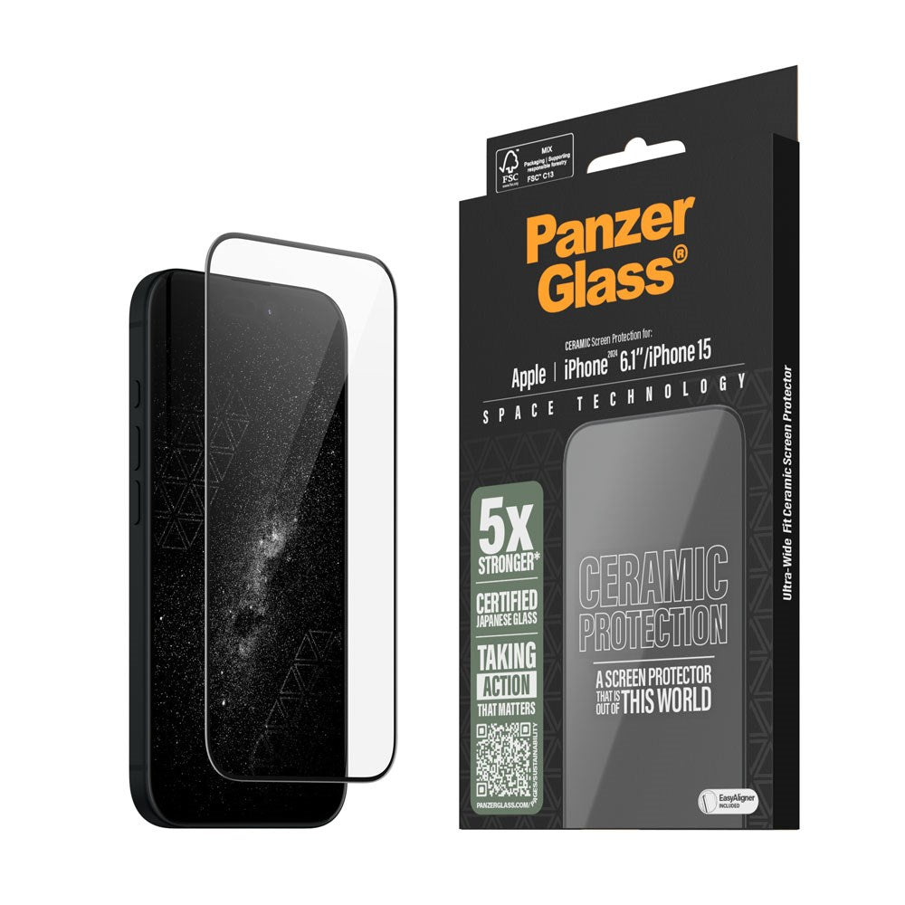 iPhone 15 / 16 PanzerGlass Ultra Wide Fit Ceramic Skærmbeskyttelse m. EasyAligner - Sort Kant