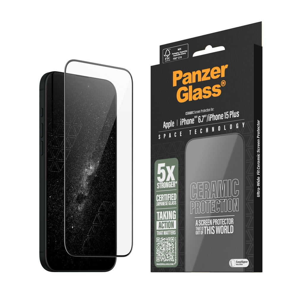 iPhone 15 Plus / 16 Plus PanzerGlass Ultra Wide Fit Ceramic Skærmbeskyttelse m. EasyAligner - Sort Kant