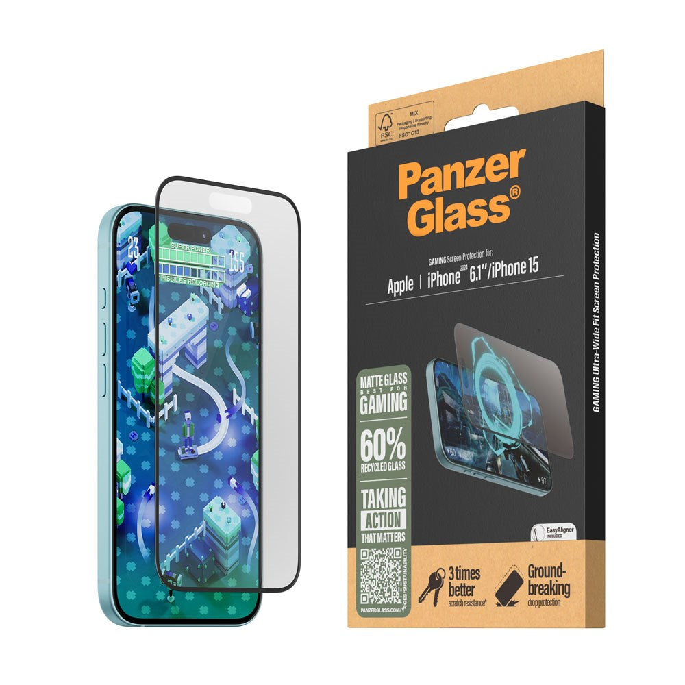 iPhone 15 / 16 PanzerGlass Ultra Wide Fit Skærmbeskyttelse m. EasyAligner - Anti-Reflective - Diamond Strength - Gennemsigtig / Sort Kant