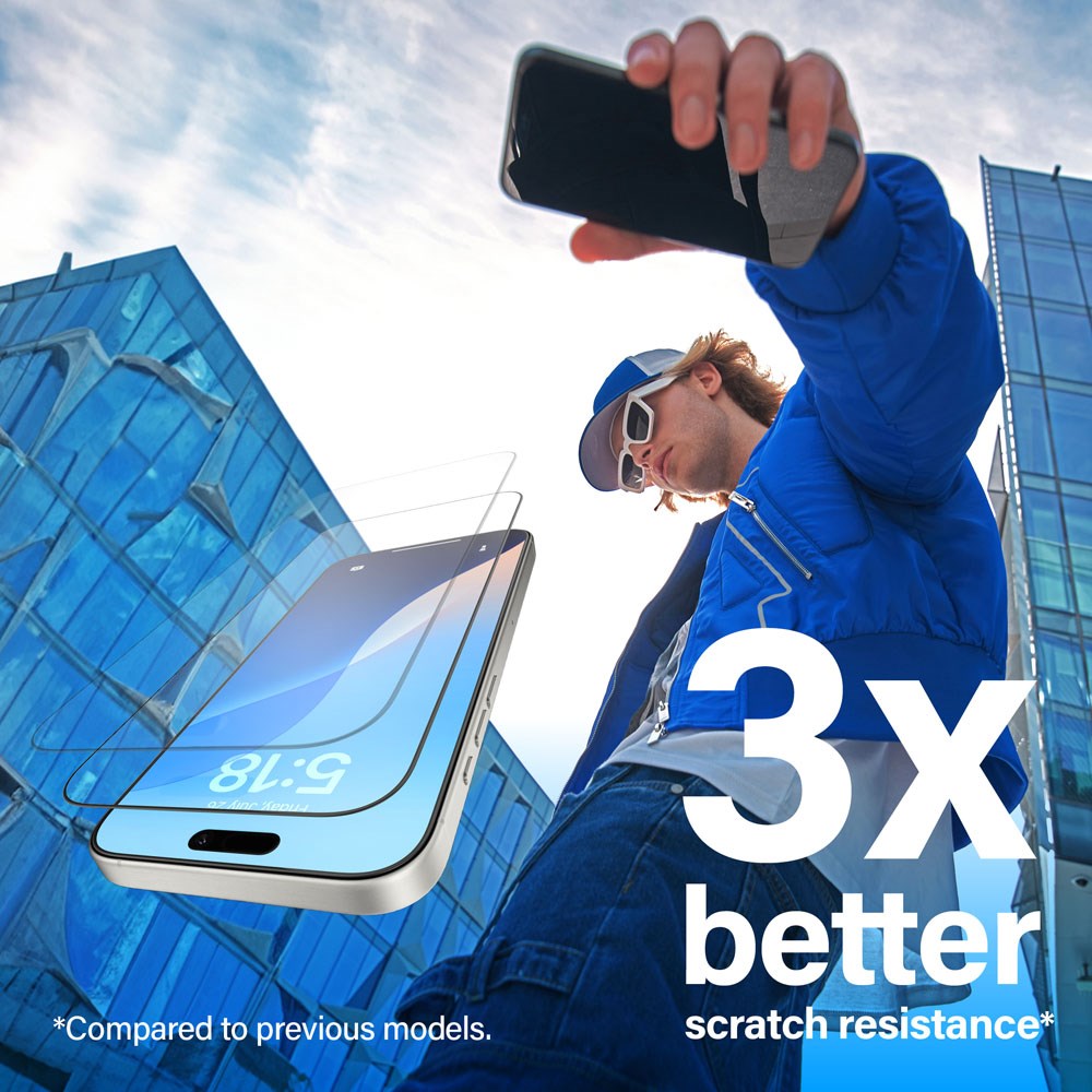 iPhone 15 / 16 PanzerGlass Ultra Wide Fit Skærmbeskyttelse m. EasyAligner - Anti-Reflective - Diamond Strength - Gennemsigtig / Sort Kant