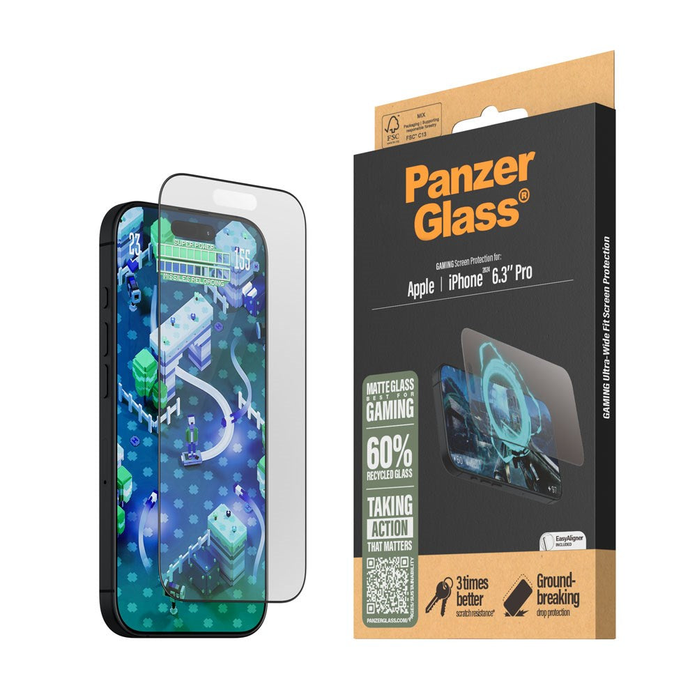 iPhone 16 Pro PanzerGlass Ultra Wide Fit Skærmbeskyttelse m. EasyAligner - Anti-Reflective - Diamond Strength - Gennemsigtig / Sort Kant