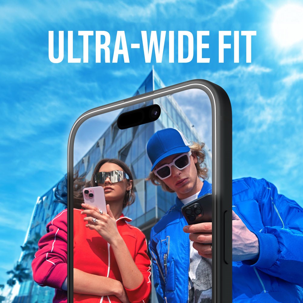 iPhone 15 / 16 PanzerGlass Ultra Wide Fit Skærmbeskyttelse m. EasyAligner - Diamond Strength - Gennemsigtig / Sort Kant