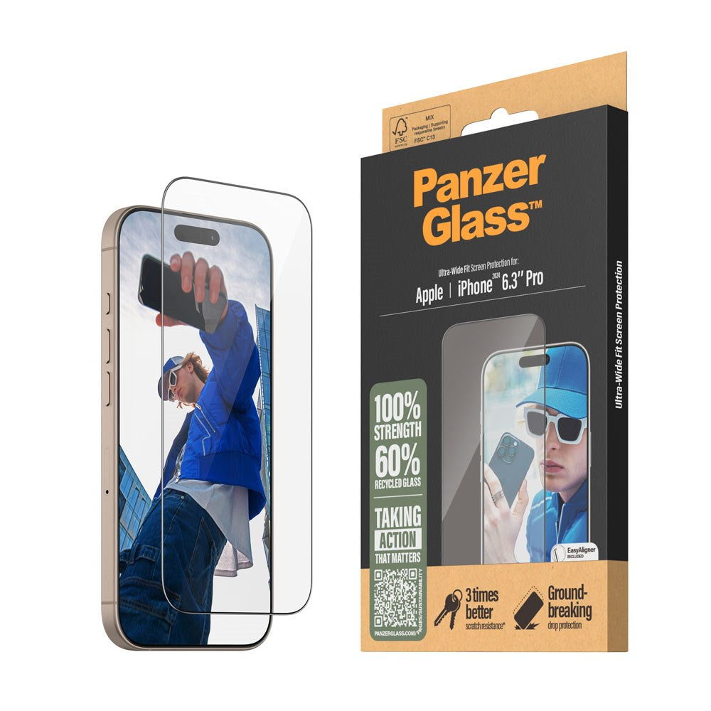 iPhone 16 Pro PanzerGlass Ultra Wide Fit Skærmbeskyttelse m. EasyAligner - Diamond Strength - Gennemsigtig / Sort Kant