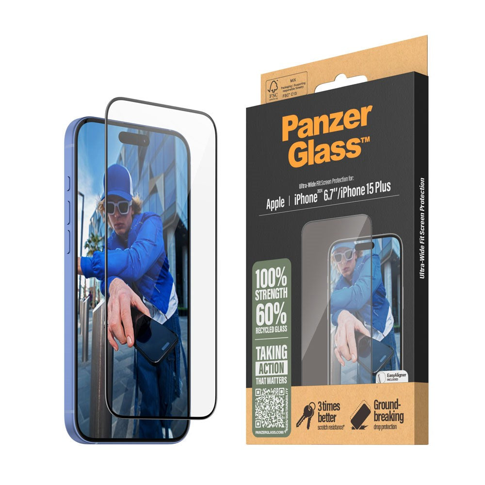 iPhone 15 Plus / 16 Plus PanzerGlass Ultra Wide Fit Skærmbeskyttelse m. EasyAligner - Diamond Strength - Gennemsigtig / Sort Kant