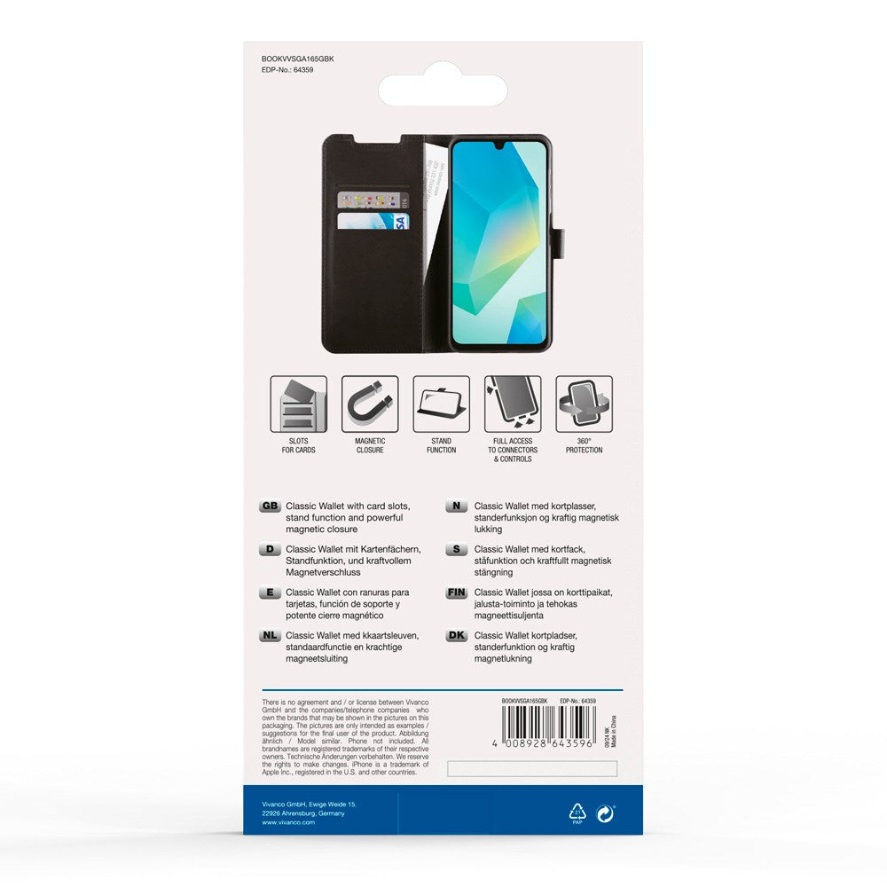 Samsung Galaxy A16 - Vivanco Classic Wallet Flip Cover m. Pung - Sort
