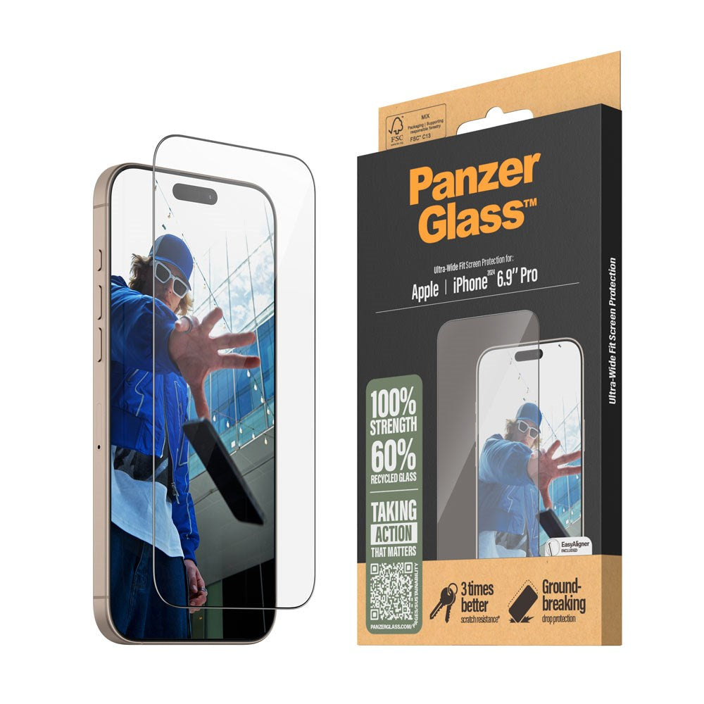 iPhone 16 Pro Max PanzerGlass Ultra Wide Fit Skærmbeskyttelse m. EasyAligner - Diamond Strength - Gennemsigtig / Sort Kant