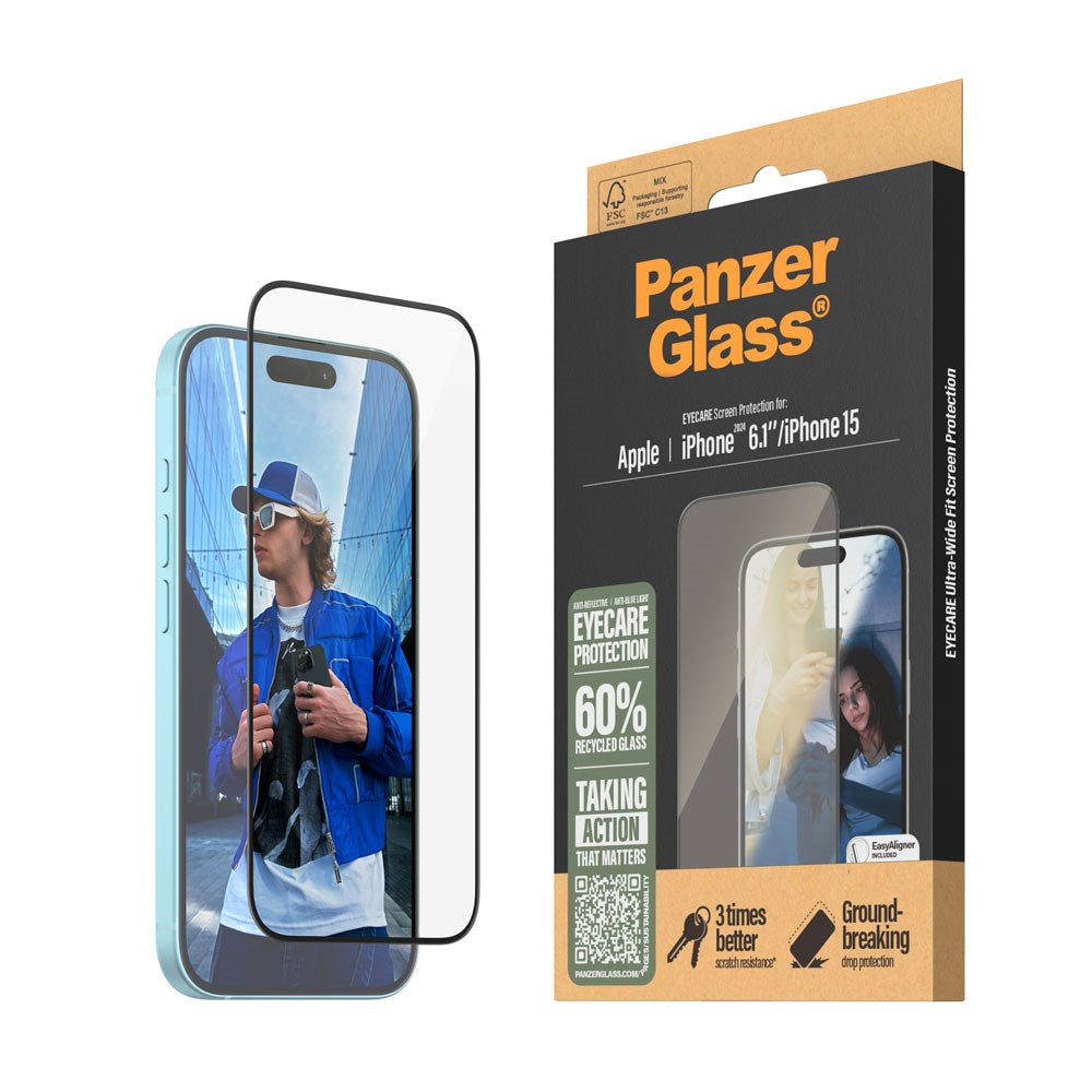 iPhone 15 / 16 PanzerGlass Ultra Wide Fit Skærmbeskyttelse m. EasyAligner - EyeCare - Diamond Strength - Gennemsigtig / Sort Kant