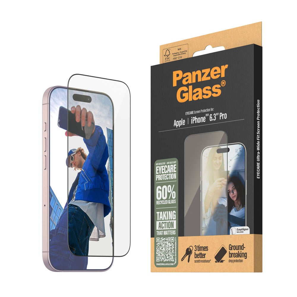 iPhone 16 Pro PanzerGlass Ultra Wide Fit Skærmbeskyttelse m. EasyAligner - EyeCare - Diamond Strength - Gennemsigtig / Sort Kant