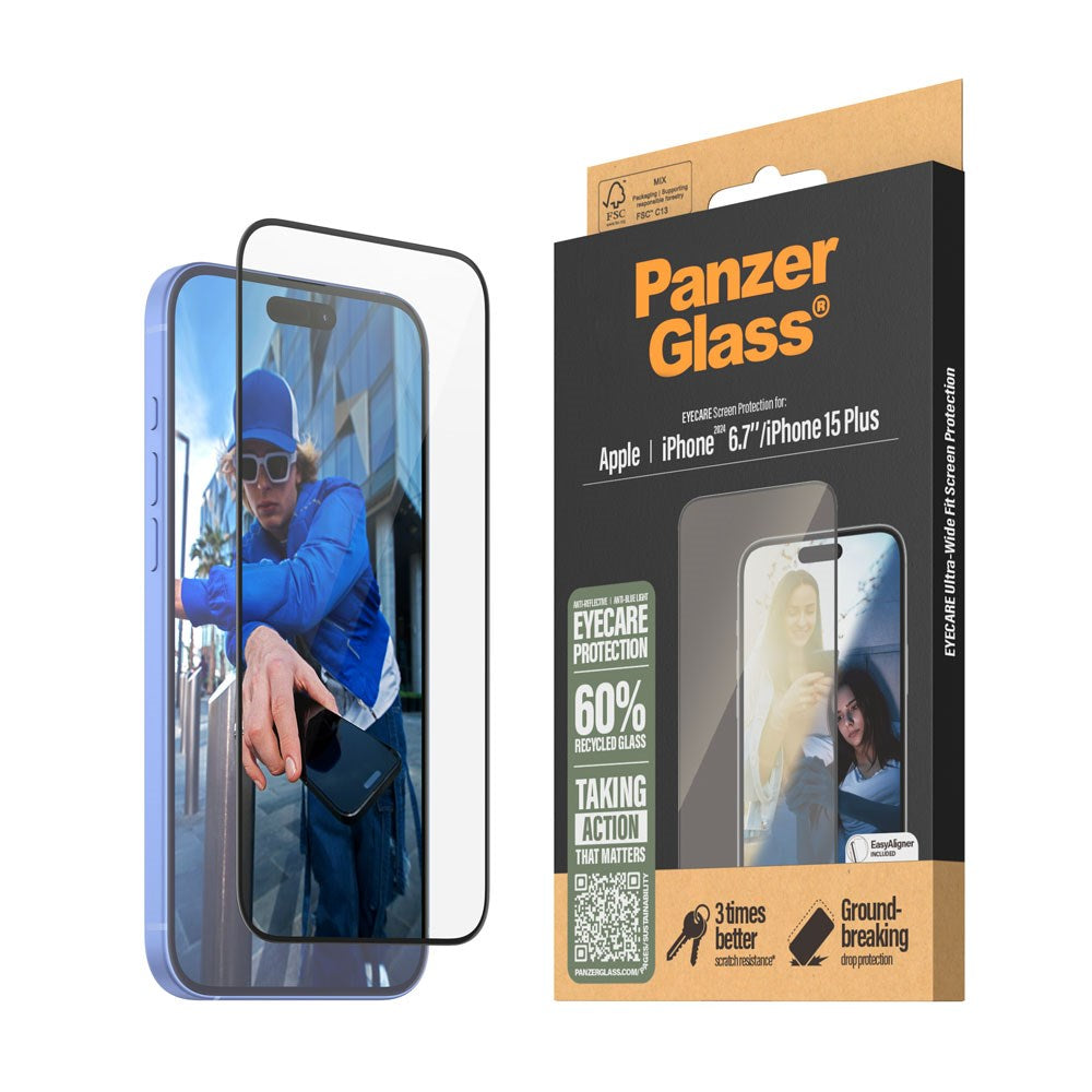 iPhone 15 Plus / 16 Plus PanzerGlass Ultra Wide Fit Skærmbeskyttelse m. EasyAligner - EyeCare - Diamond Strength - Gennemsigtig / Sort Kant