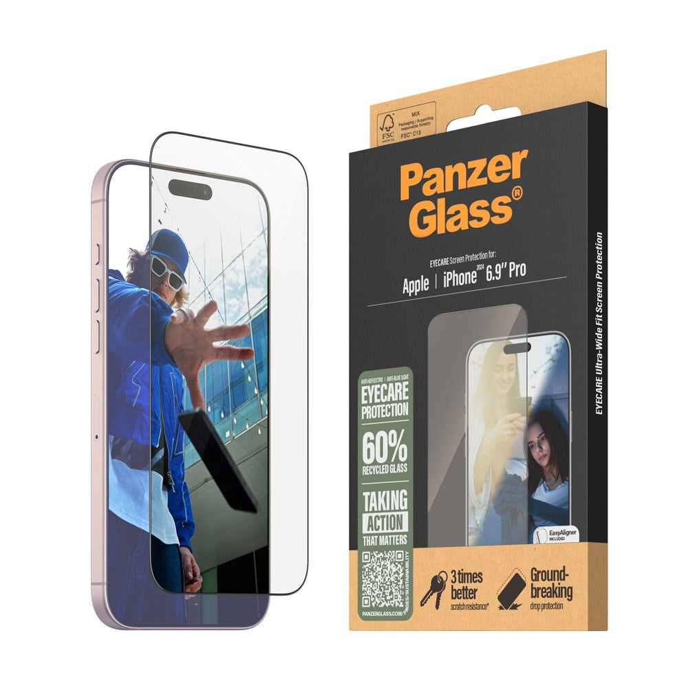 iPhone 16 Pro Max PanzerGlass Ultra Wide Fit Skærmbeskyttelse m. EasyAligner - EyeCare - Diamond Strength - Gennemsigtig / Sort Kant
