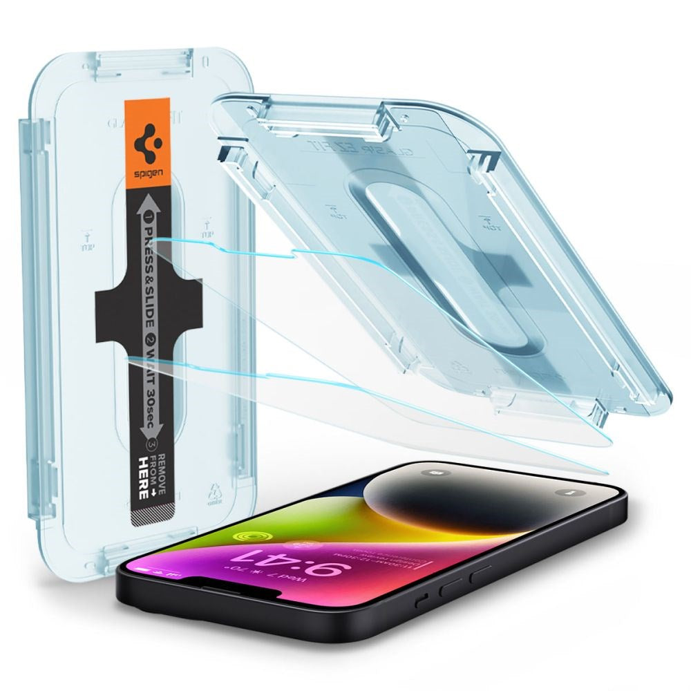 iPhone 17e / 16e / 14 / 13 / 13 Pro Spigen EZ Fit Glas.tR Skærmbeskyttelse - 2 stk. - Case Friendly - Gennemsigtig