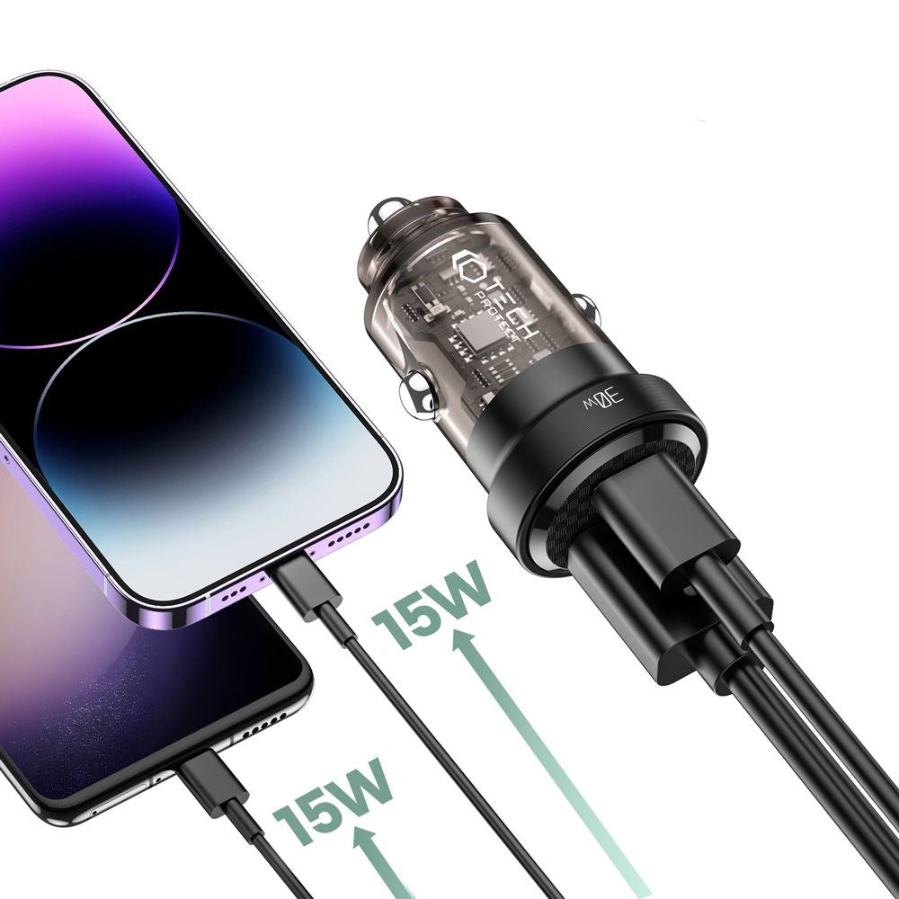 Tech-Protect Biloplader PD 30W m. USB-C & USB-A - Sort