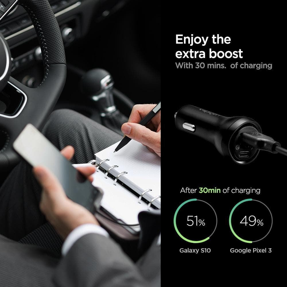 Spigen SteadiBoost Biloplader PD 45W m. USB-C & USB-A - Sort