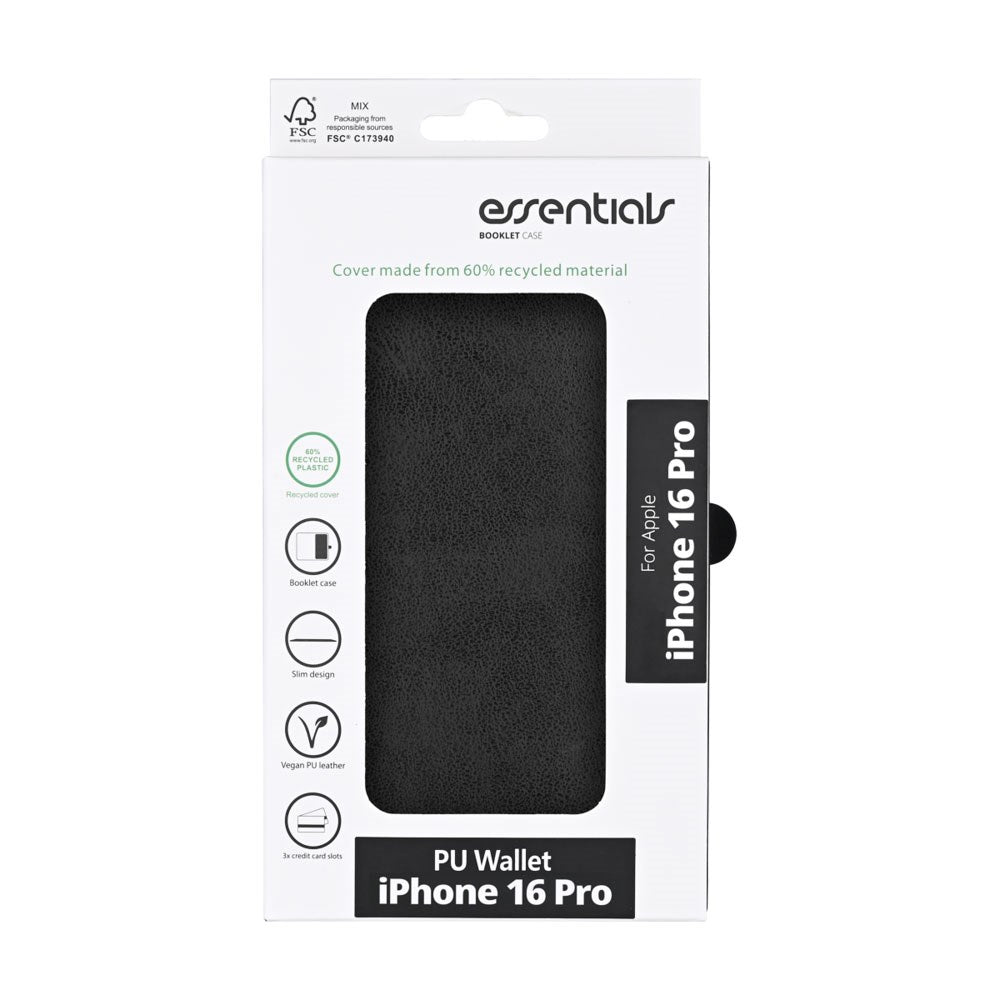 iPhone 16 Pro Essentials Kunstlæder Flip Cover m. Kortholder & Ståfunktion - Sort