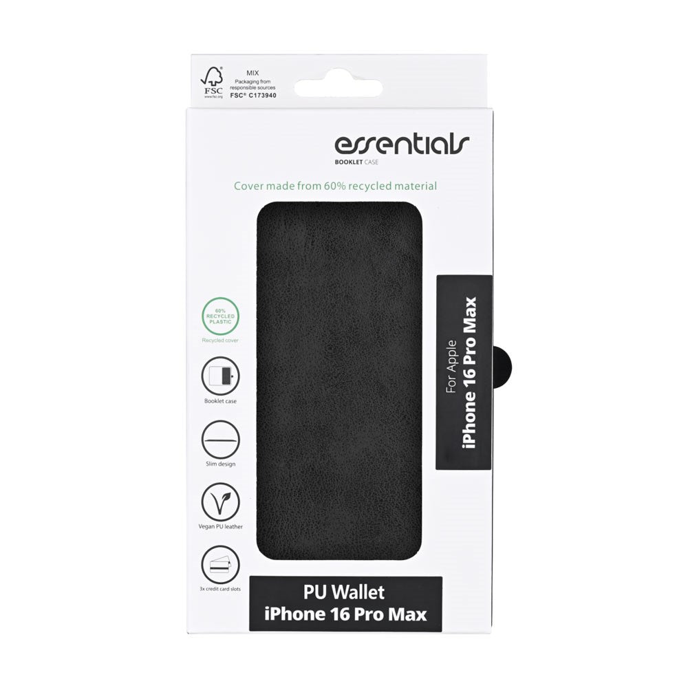 iPhone 16 Pro Max Essentials Kunstlæder Flip Cover m. Kortholder & Ståfunktion - Sort