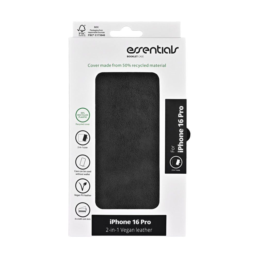 iPhone 16 Pro Essentials 2-i-1 Kunstlæder Flip Cover - Sort
