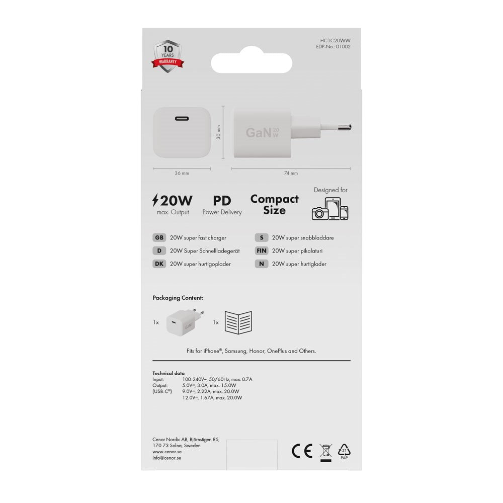 X2O 20W Vægoplader m. 1x USB-C - Hvid