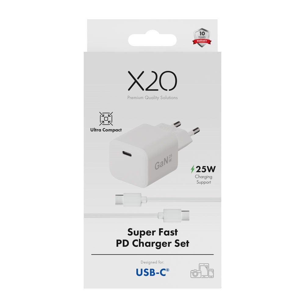 X2O 25W Vægoplader m. 1x USB-C & 1x USB-C Kabel - 1.2m - Hvid