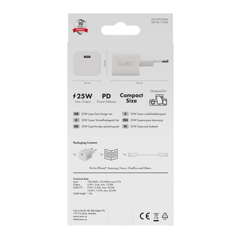 X2O 25W Vægoplader m. 1x USB-C & 1x USB-C Kabel - 1.2m - Hvid