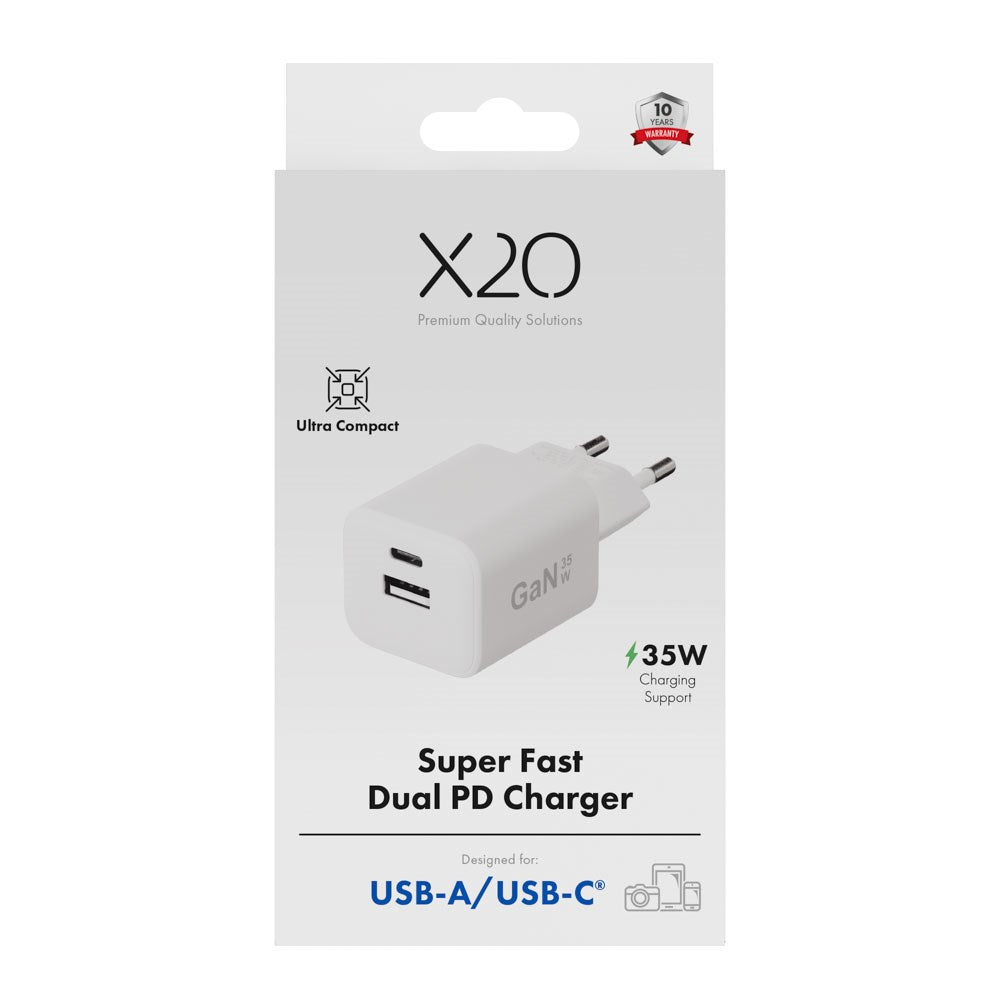 X2O 35W Vægoplader m. 1x USB-A & 1x USB-C - Hvid