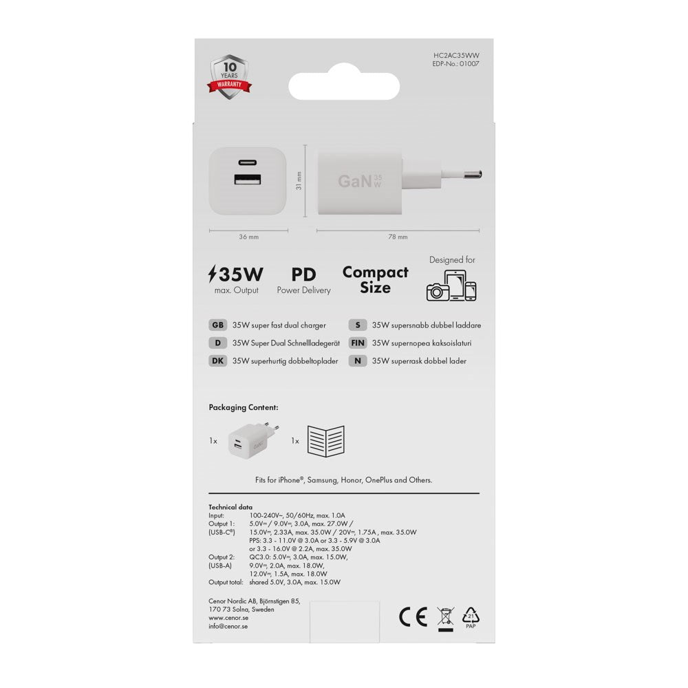 X2O 35W Vægoplader m. 1x USB-A & 1x USB-C - Hvid