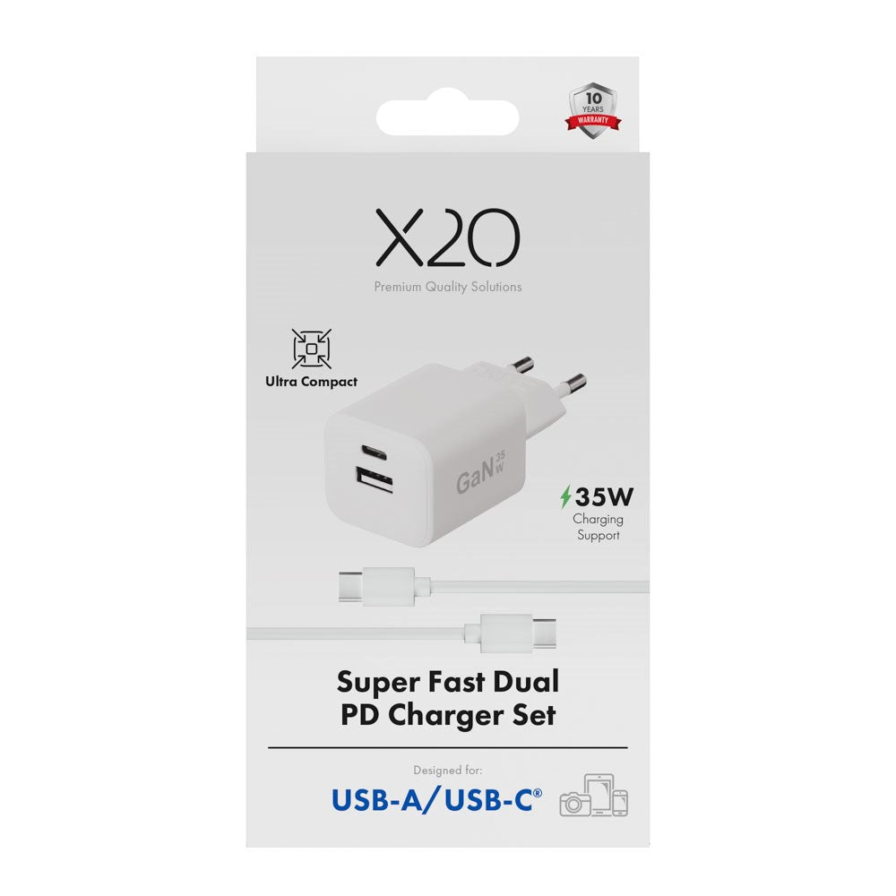 X2O 35W Vægoplader m. 1x USB-A / 1x USB-C / 1x USB-C Kabel - 1.2m - Hvid
