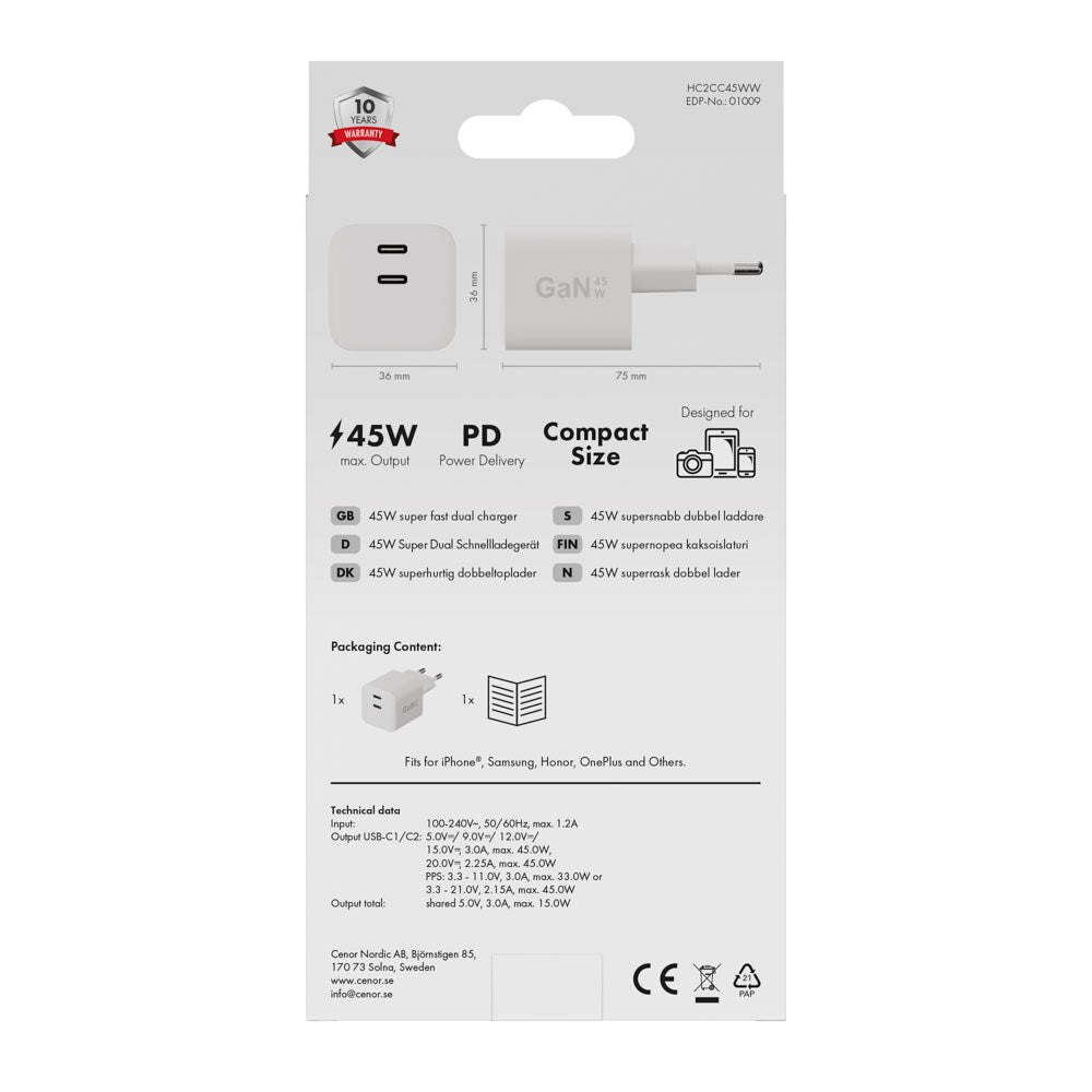 X2O 45W GaN Vægoplader m. 2x USB-C - Hvid
