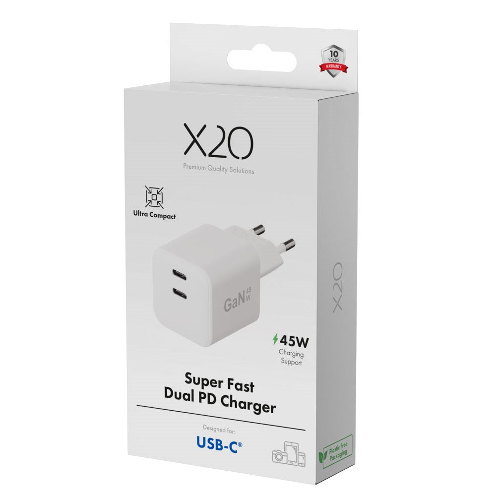 X2O 45W GaN Vægoplader m. 2x USB-C - Hvid