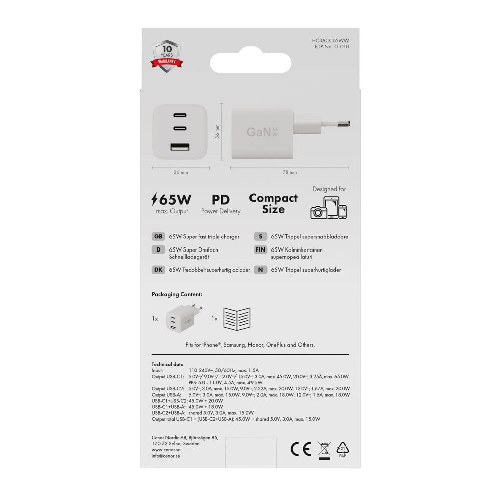 X2O 65W GaN Vægoplader m. 2x USB-C & 1x USB-A - Hvid