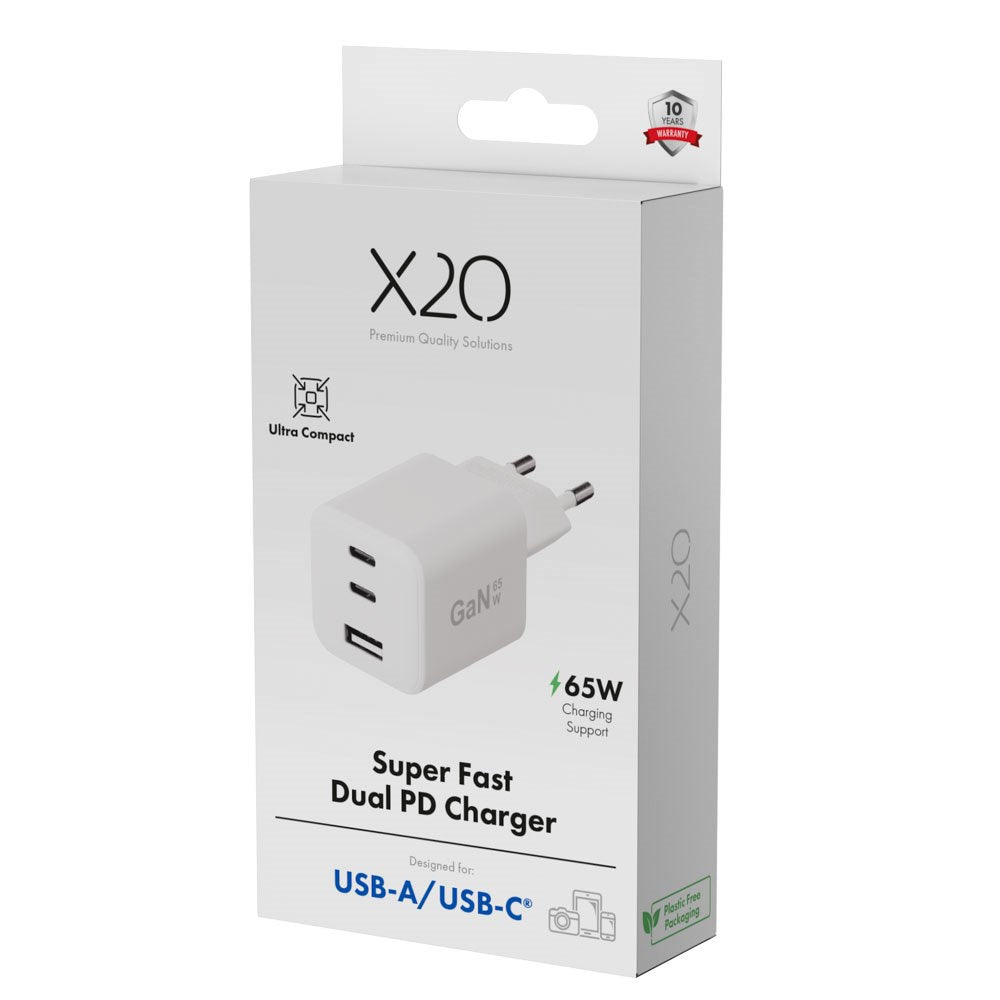 X2O 65W GaN Vægoplader m. 2x USB-C & 1x USB-A - Hvid