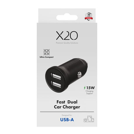 X2O 12W Dobbelt Biloplader USB-A - Sort