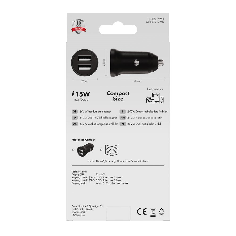 X2O 12W Dobbelt Biloplader USB-A - Sort