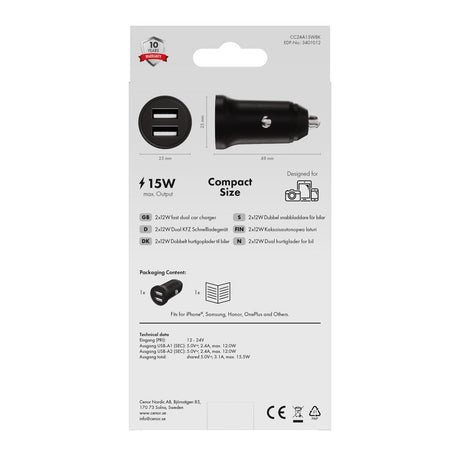 X2O 12W Dobbelt Biloplader USB-A - Sort