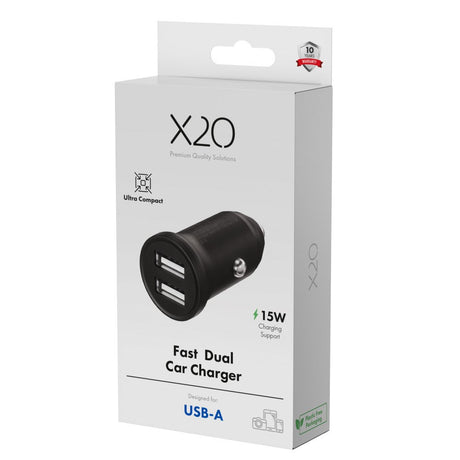 X2O 12W Dobbelt Biloplader USB-A - Sort