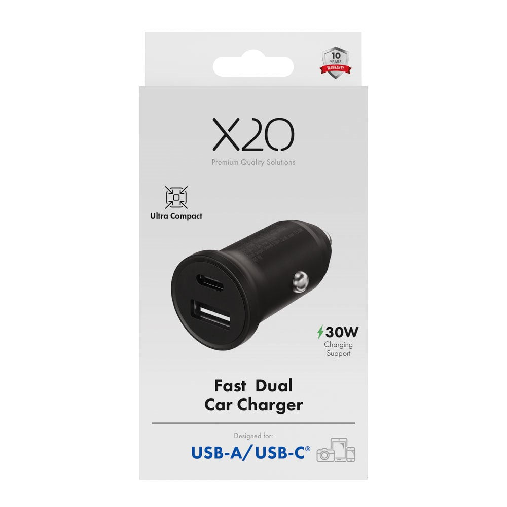 X2O 30W Dobbelt Biloplader USB-A & USB-C - Sort