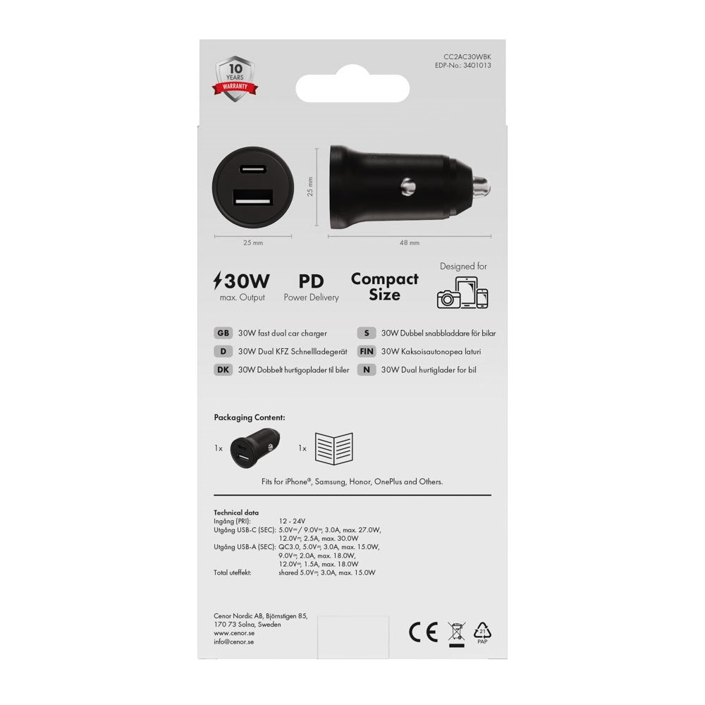 X2O 30W Dobbelt Biloplader USB-A & USB-C - Sort