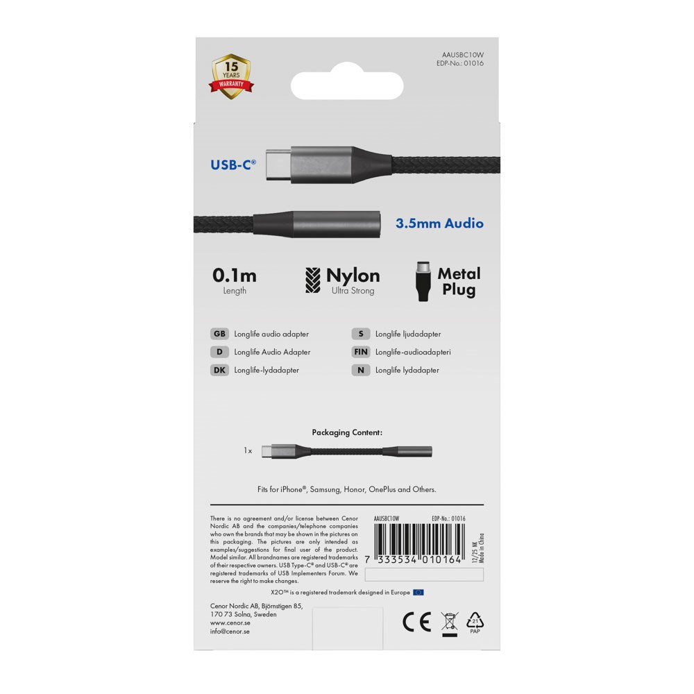 X2O Longlife USB-C til 3.5mm AUX Lyd Adapter - 0.1m - Sort