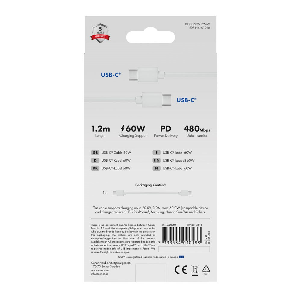 X2O Basic 60W USB-C til USB-C Kabel - 1.2m - Hvid