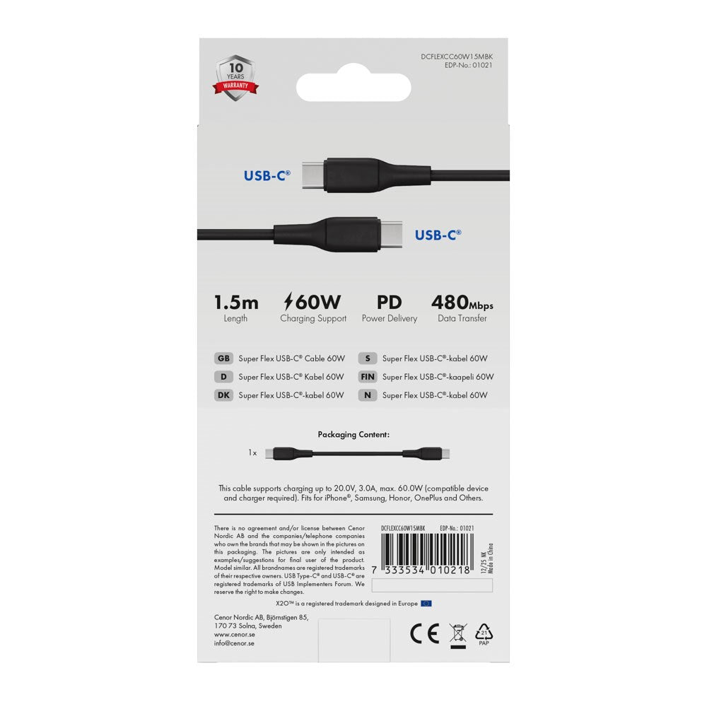 X2O Superflex 60W USB-C til USB-C Kabel - 1.5m - Sort